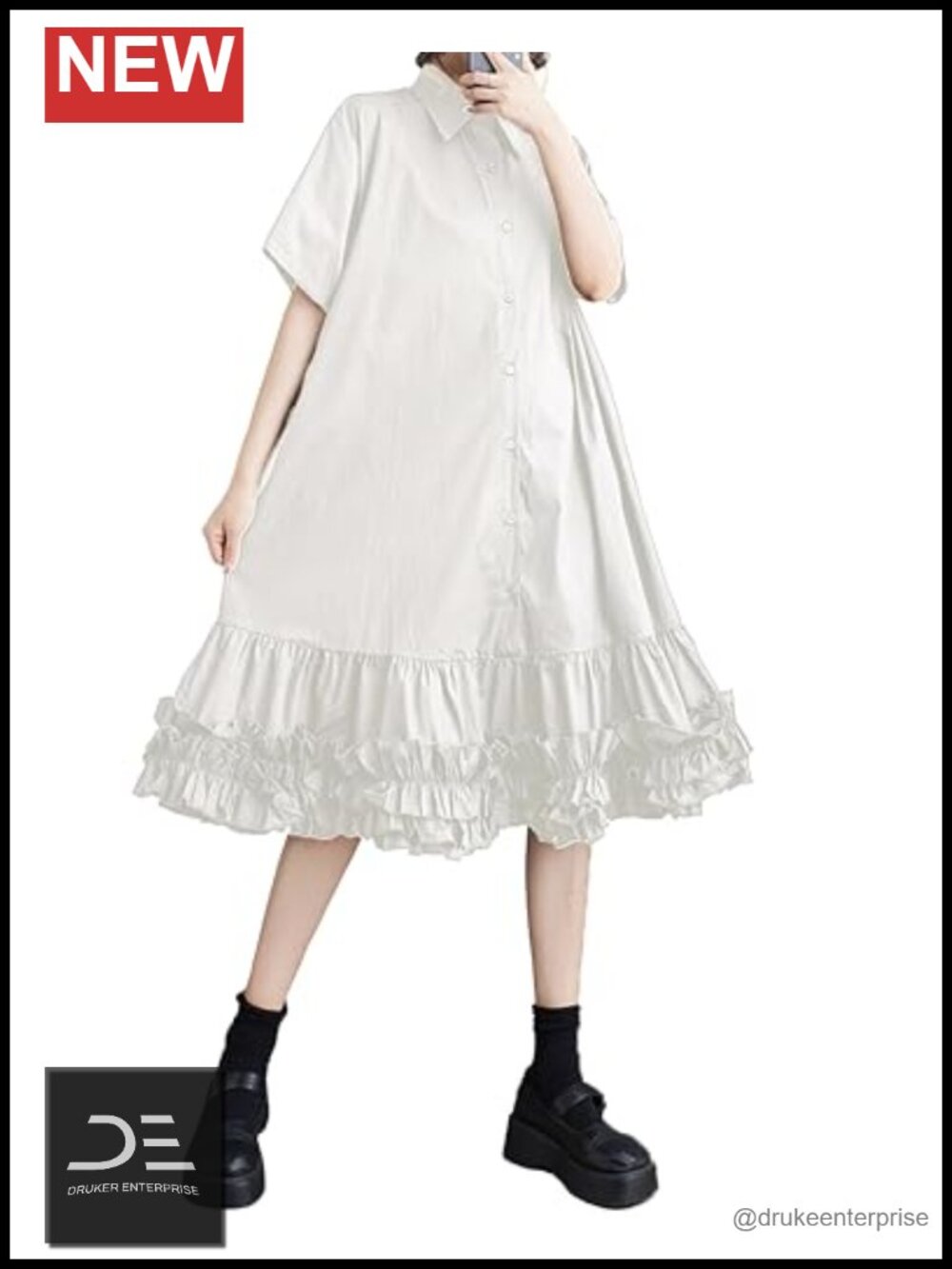 Women's Button Down Shirt Dress Ruffle Hem Oversize Casual